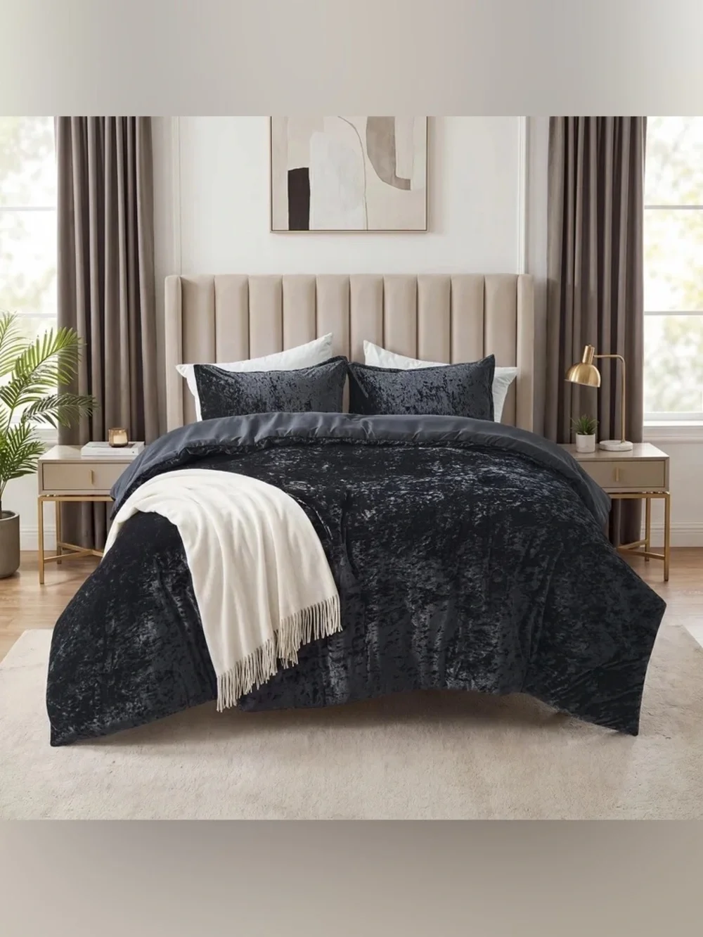 Plush Black Velvet Comforter set king 3 piece set